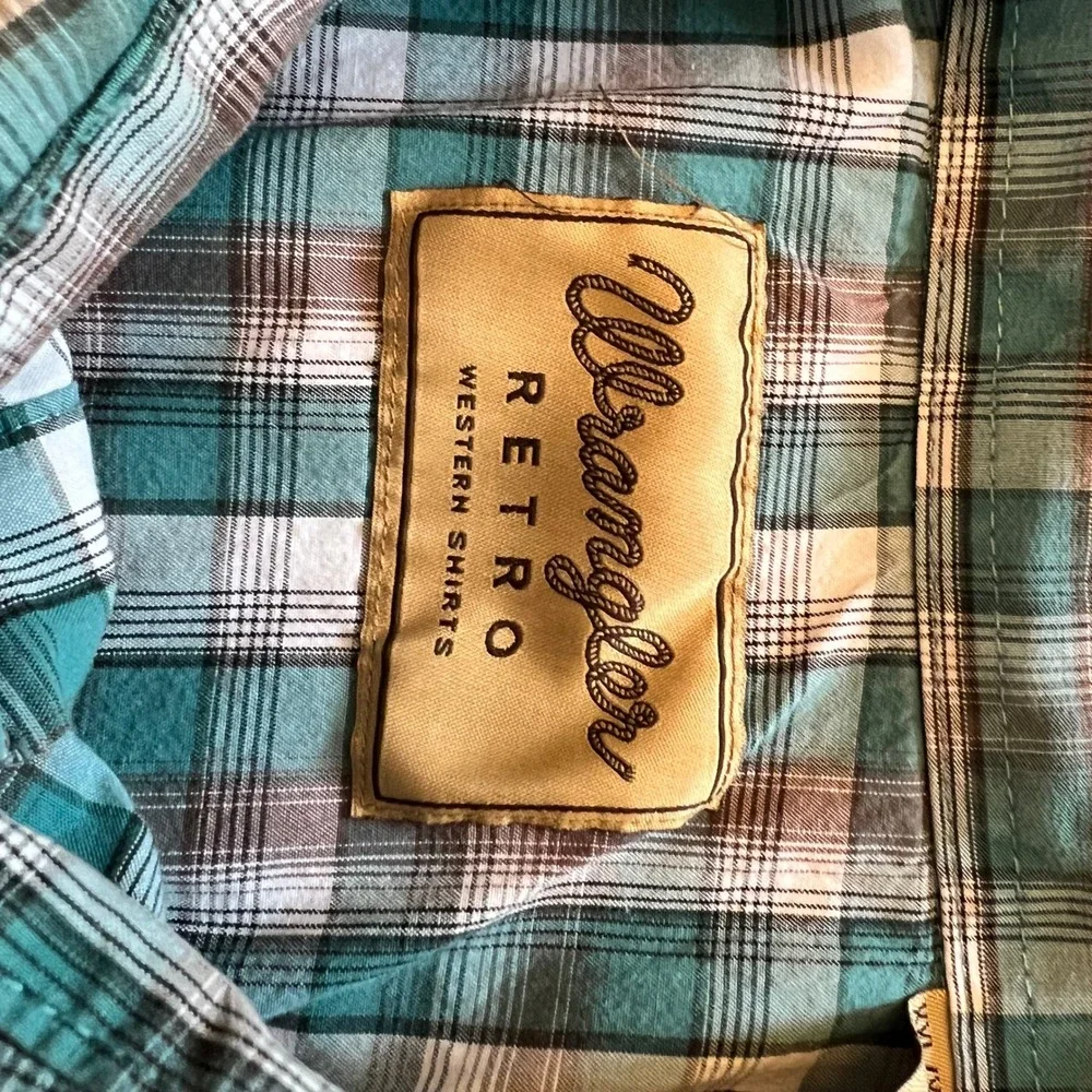 Wrangler Retro Western Shirt Cotton Blend Plaid Teal Brown XXL Regular Fit